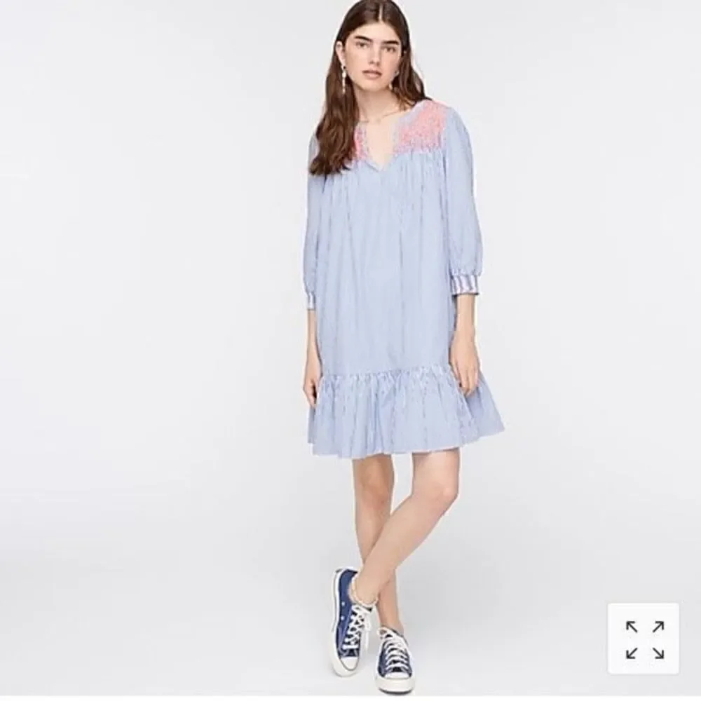 J. Crew Stripe Popover Dress Embroidered Size M Blue